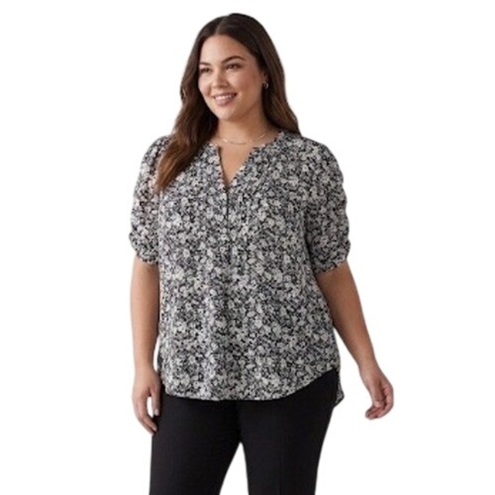 Torrid Harper Black White Floral Georgette Split Neck Puff‎ Sleeve Blouse M/L